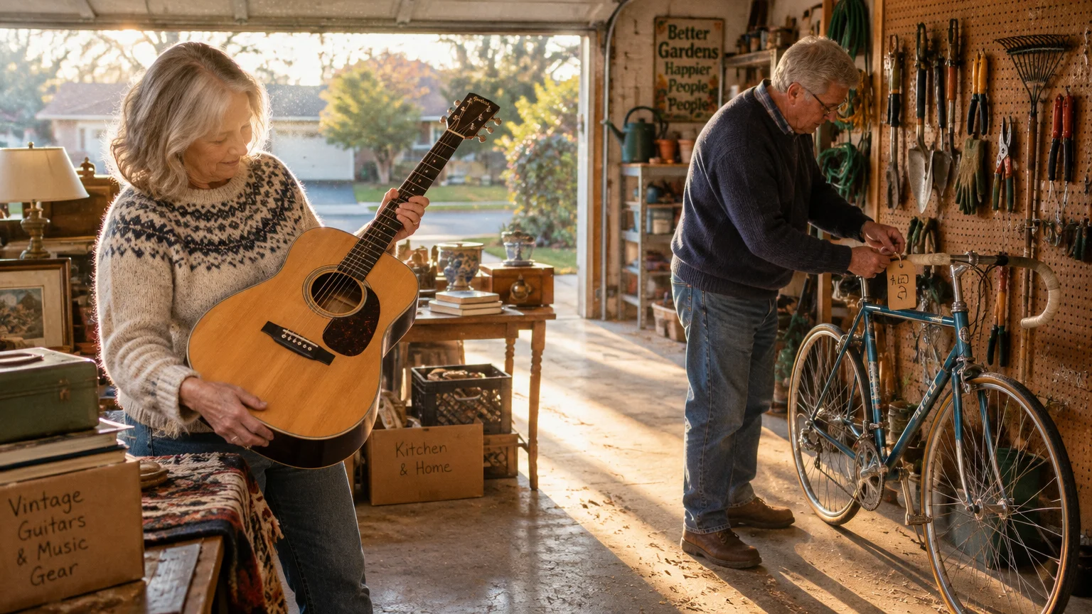 An older couple prepares items for sale in an open garage, with a woman holding an acoustic guitar and a man tagging a bicycle.
