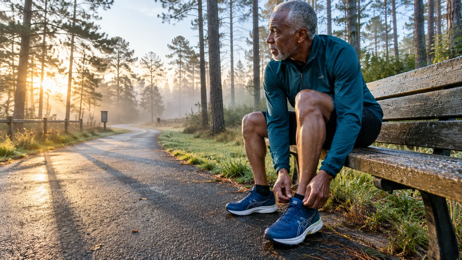 Older man tying his running shoes while sitting on a wet wooden bench beside a paved park path at sunrise.