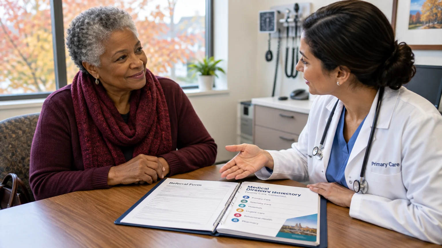 A doctor in a white coat talks with a seated older woman across a table holding an open medical directory binder.
