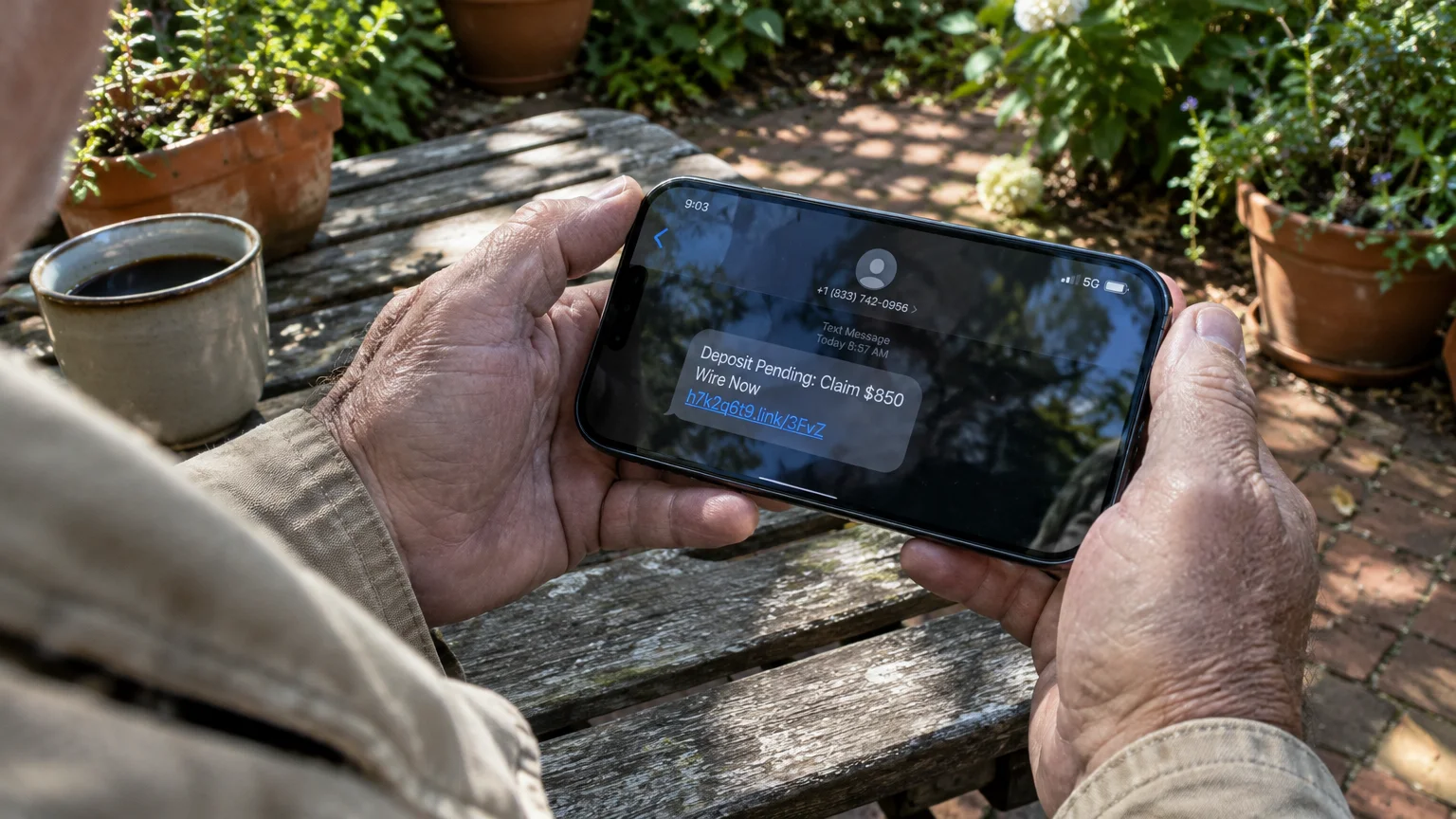 Close-up of hands holding a smartphone displaying a text message about a pending deposit with a suspicious web link.