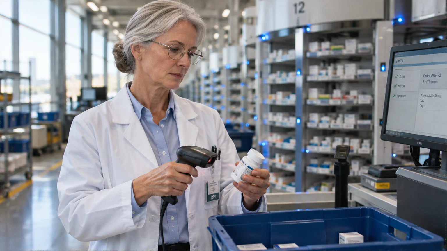 A pharmacist in a lab coat scans a prescription medication bottle in a modern automated dispensing facility.