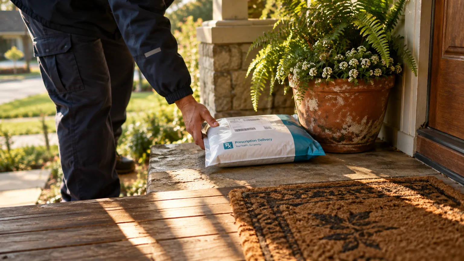 Delivery worker placing a sealed prescription delivery package on a front porch next to a potted plant and doormat.
