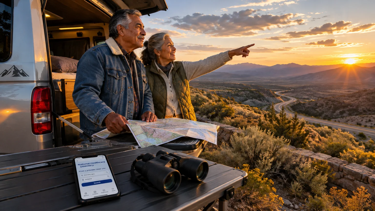 Older couple near camper van at scenic mountain overlook at sunset, looking at a map beside binoculars and a phone.