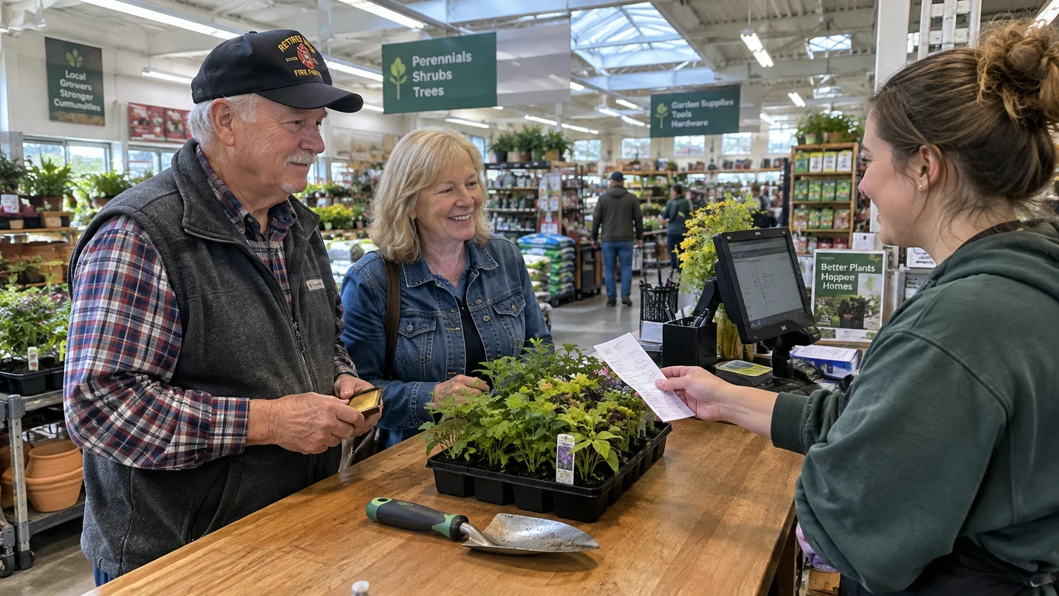A senior couple buys potted plants at a garden center checkout counter from a smiling cashier holding a receipt.