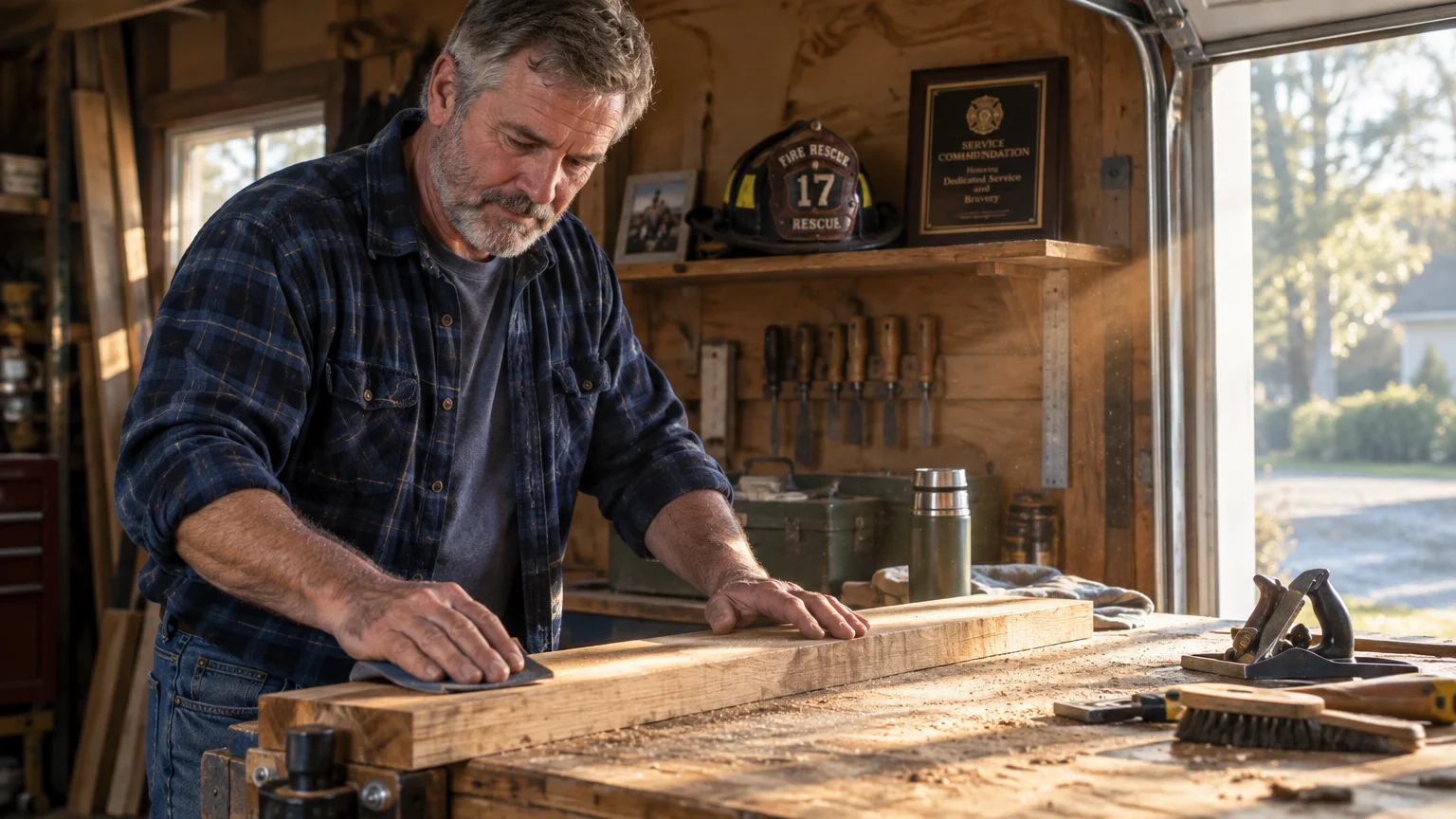 Man sanding a piece of wood in a workshop with a firefighter helmet and service plaque on the shelf behind him.