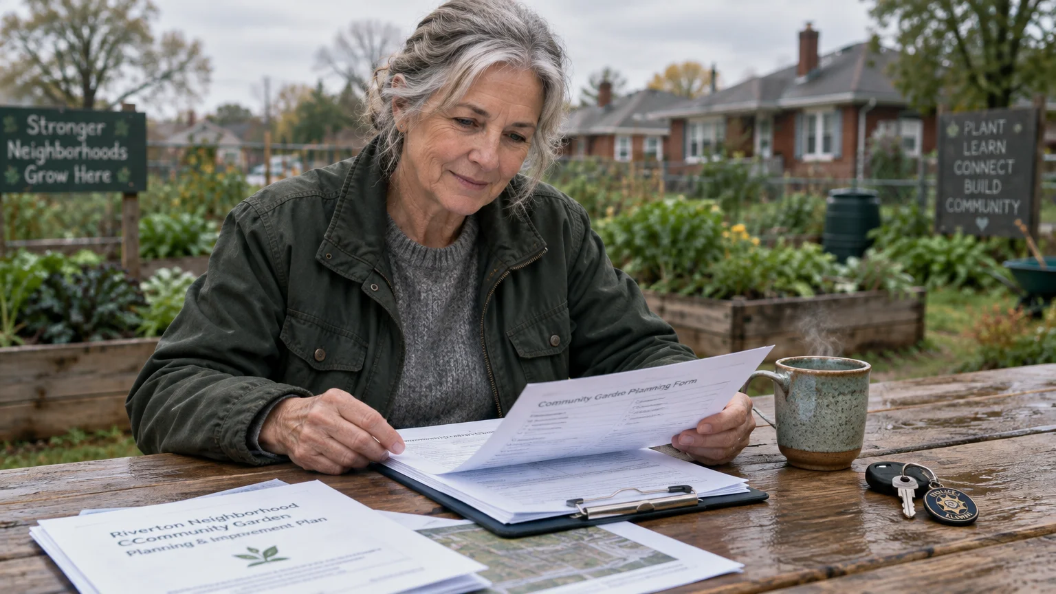 A mature woman reviews documents on a clipboard at an outdoor picnic table in a community garden.