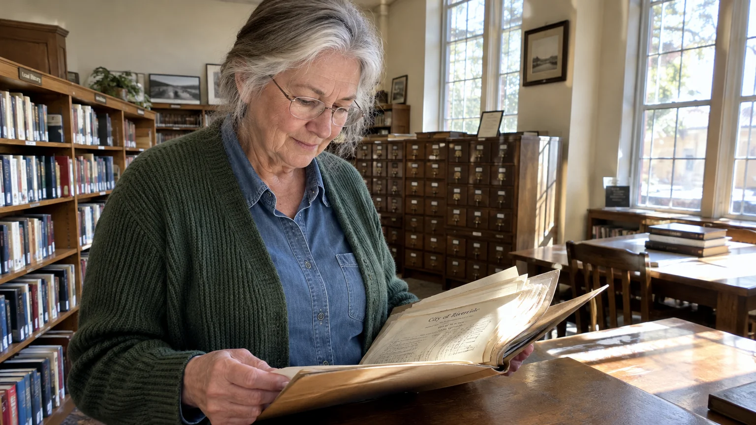 Older woman with glasses and a green cardigan reading an open document inside a library with wooden bookshelves.
