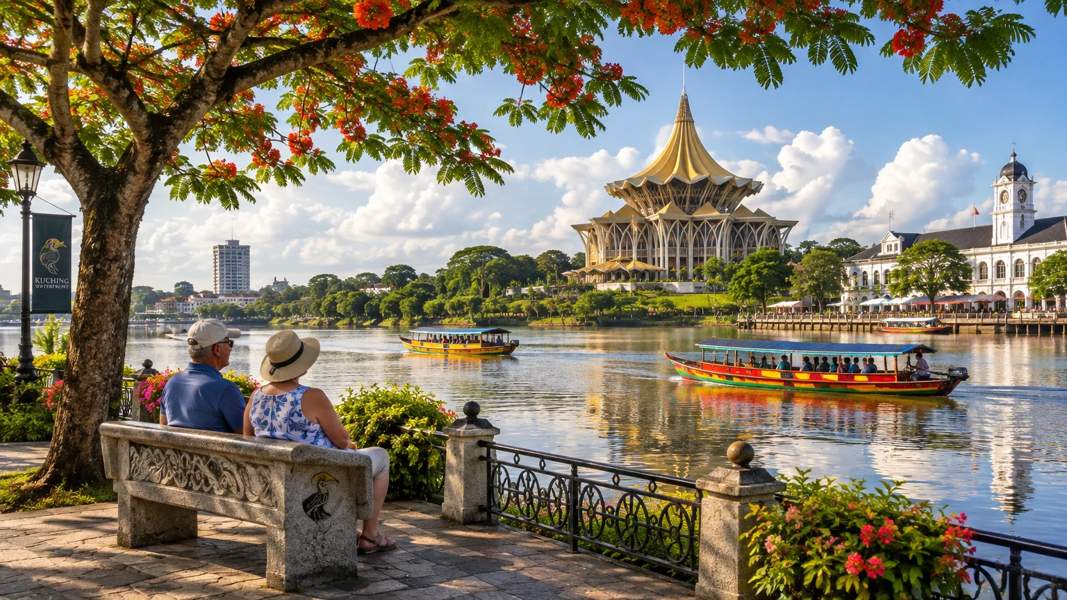 A couple sits on a park bench by a river overlooking boats and the iconic Sarawak State Legislative Assembly building.