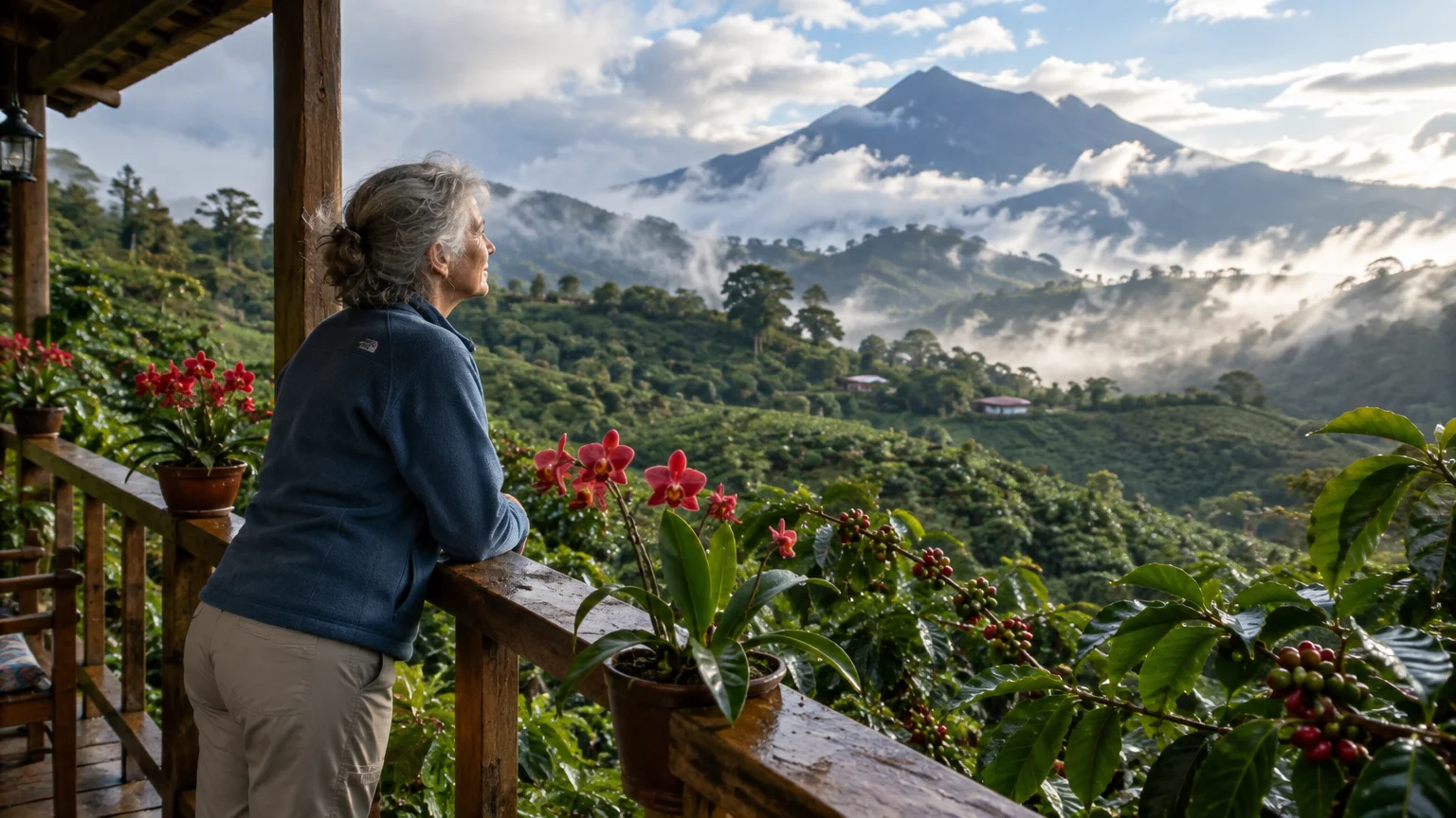 Woman leaning on a wooden porch railing overlooking lush green coffee plantations and misty mountains under cloudy skies.