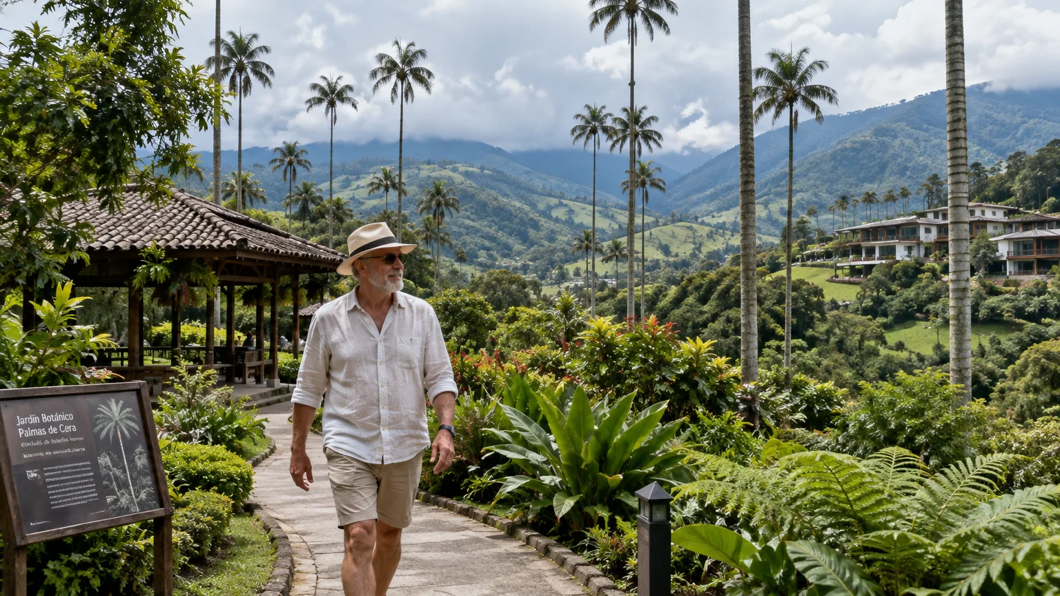 A mature man in a sun hat walks along a stone path through a lush tropical garden with tall wax palms and mountains.