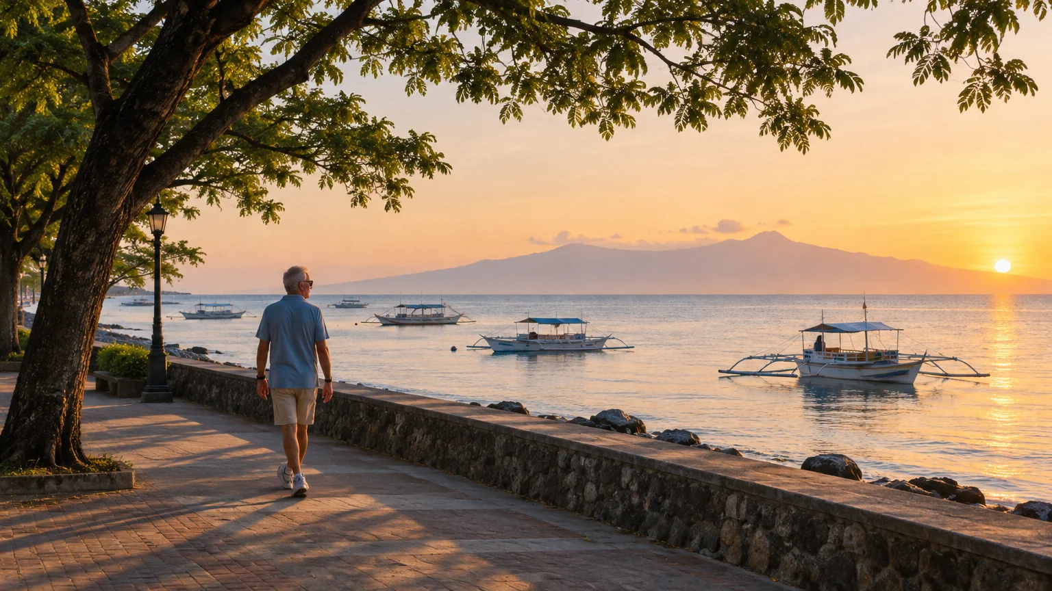 A man walks along a seaside promenade lined with trees as outrigger boats float on calm water at sunrise.