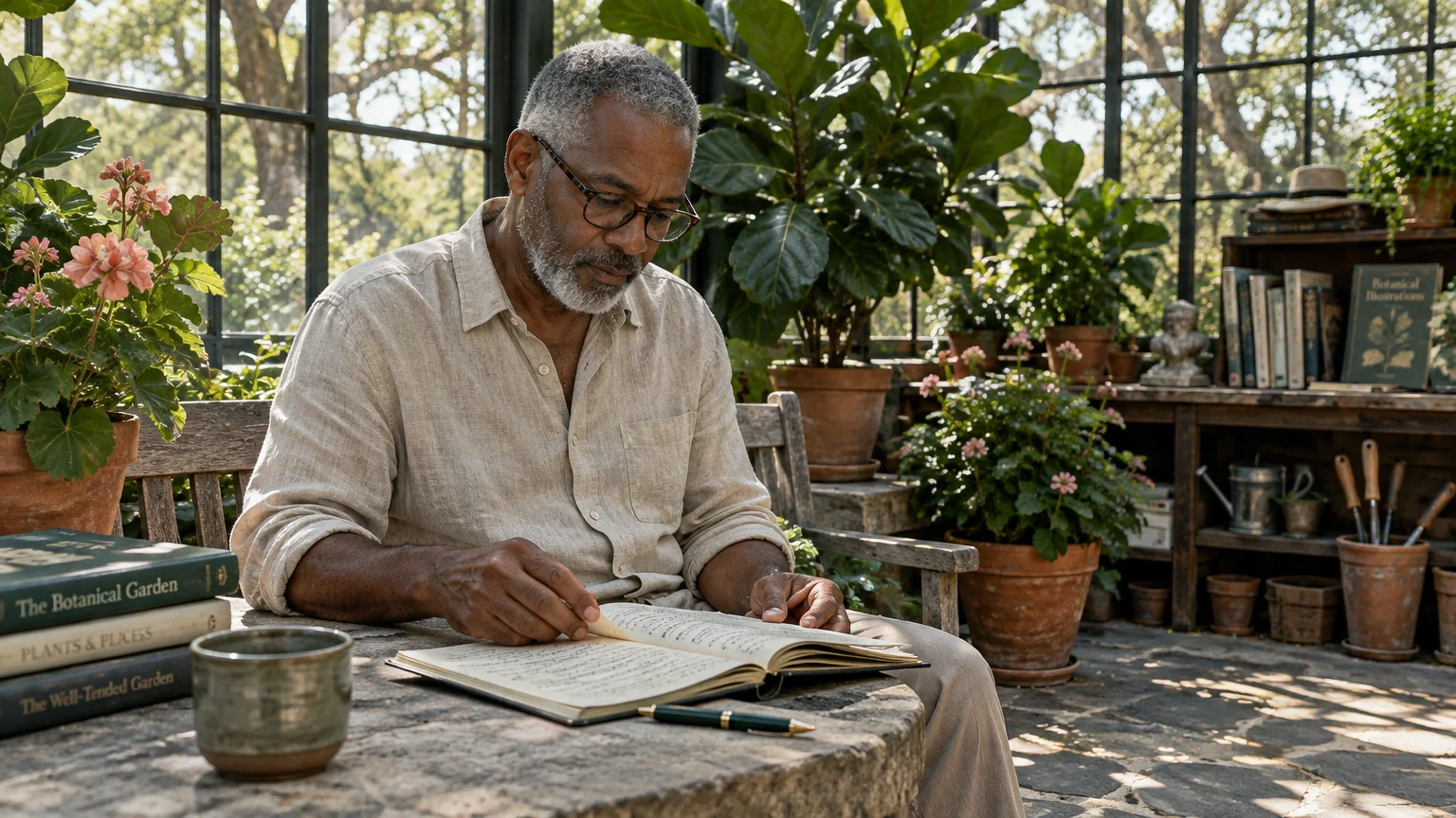 Senior man with glasses reading an open notebook at a stone table in a sunlit greenhouse surrounded by potted plants.