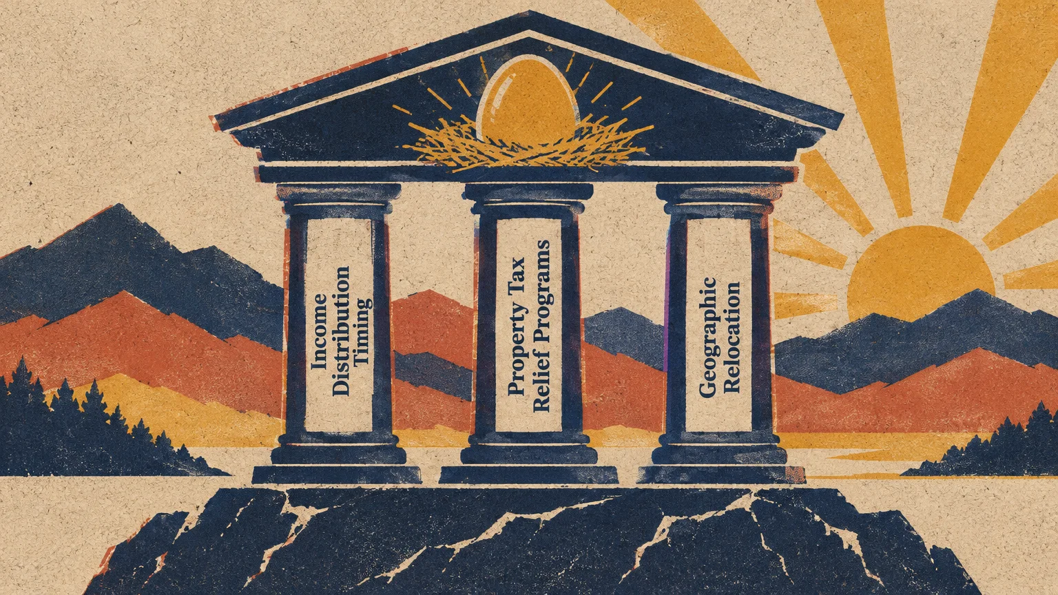 Illustration of three classical columns supporting a roof with a golden egg in a nest against a mountain landscape.
