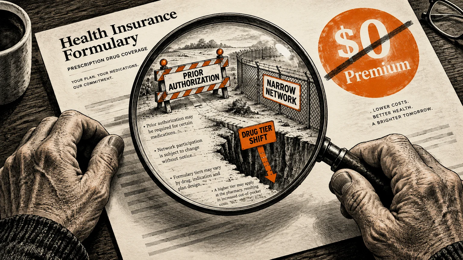 Magnifying glass over a health insurance document revealing road barriers labeled prior authorization and narrow network.