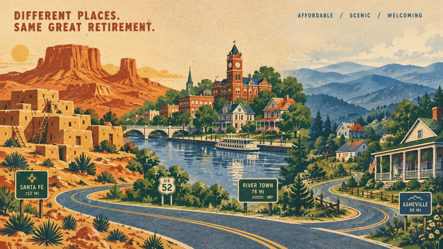 Vintage travel illustration of a highway splitting toward desert mesas, a historic riverside town, and mountain homes.