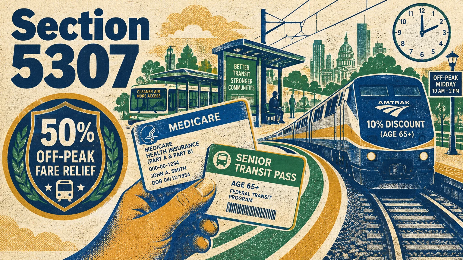 Screenprint illustration showing transit passes, a train, bus, and text highlighting Section 5307 off-peak fare relief.