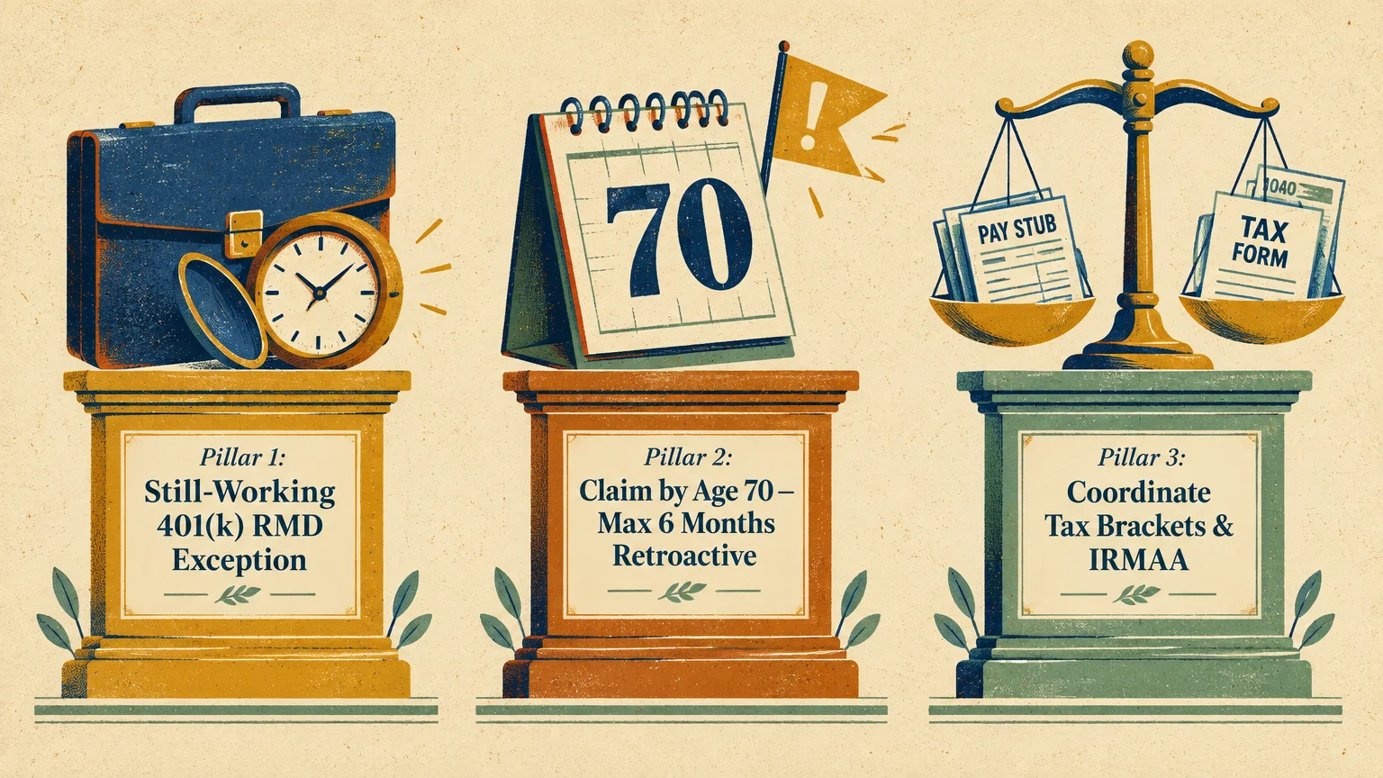 Three illustrated pillars detailing retirement strategies with a briefcase, calendar displaying 70, and balance scale.