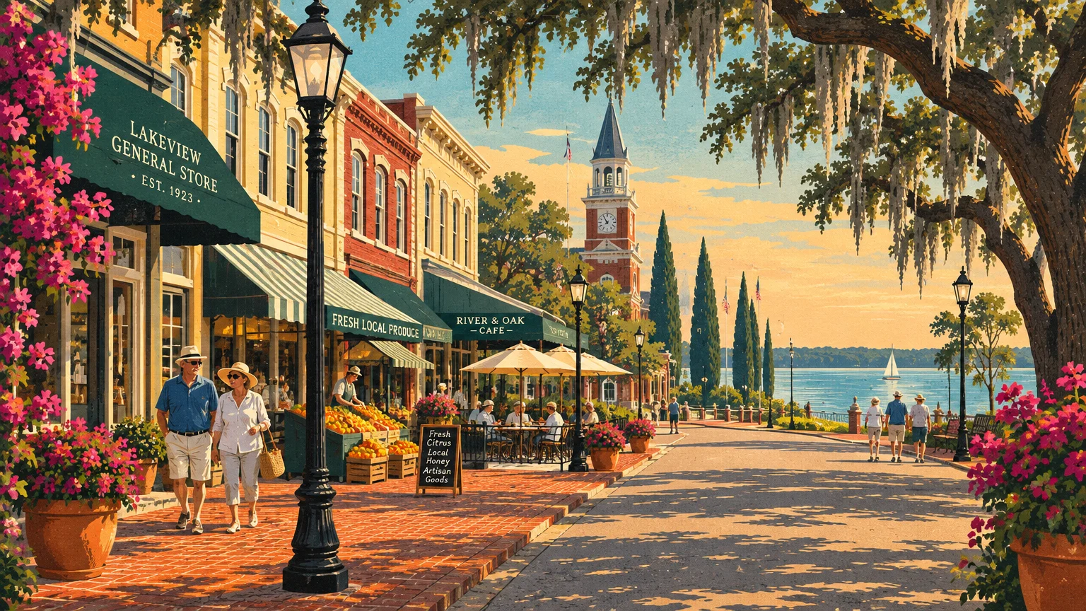 Illustration of a sunlit lakeside town street lined with historic storefronts, cafes, Spanish moss trees, and pedestrians.