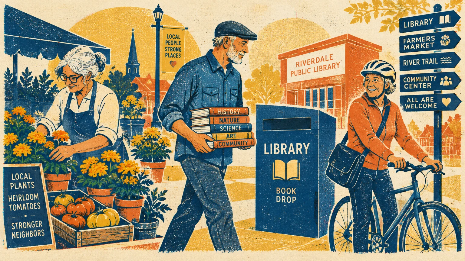 Illustration of older adults active in a town, gardening plants, carrying a stack of books, and riding a bicycle.