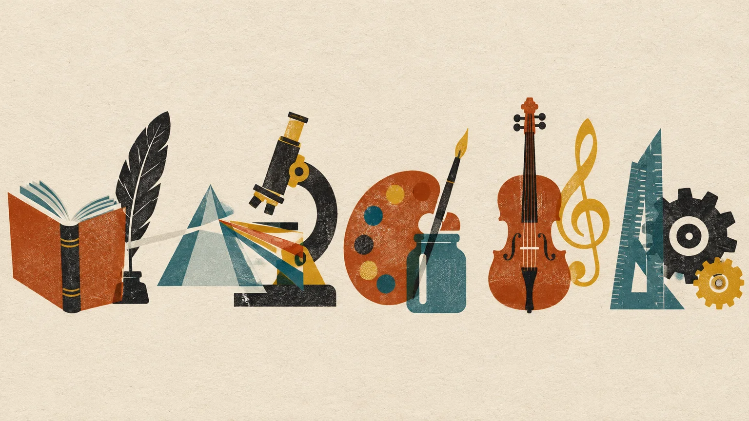 Illustration of school subject icons including a book, prism, microscope, paint palette, violin, and drafting tools.