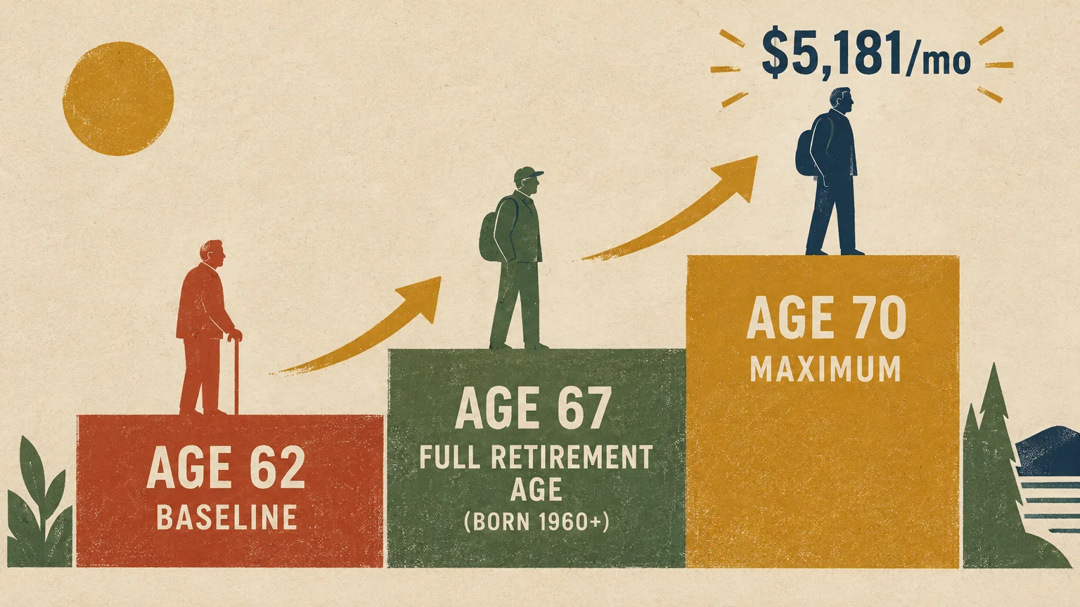 Illustration of three rising steps labeled Age 62, Age 67, and Age 70, topping out at a $5,181 monthly maximum.