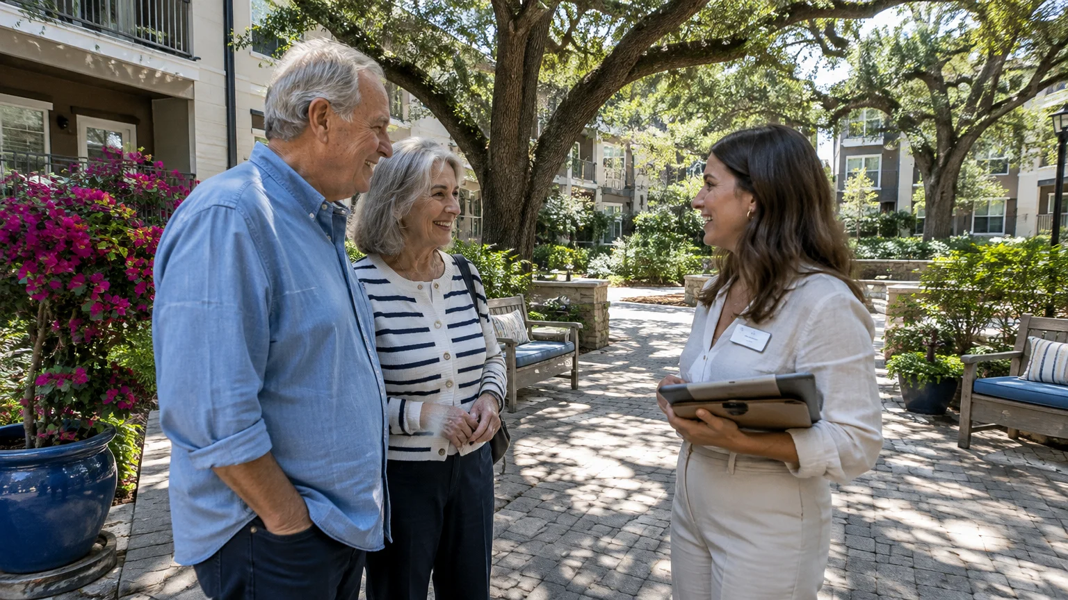 A smiling senior couple talks with a property manager holding a tablet in an apartment courtyard surrounded by trees.