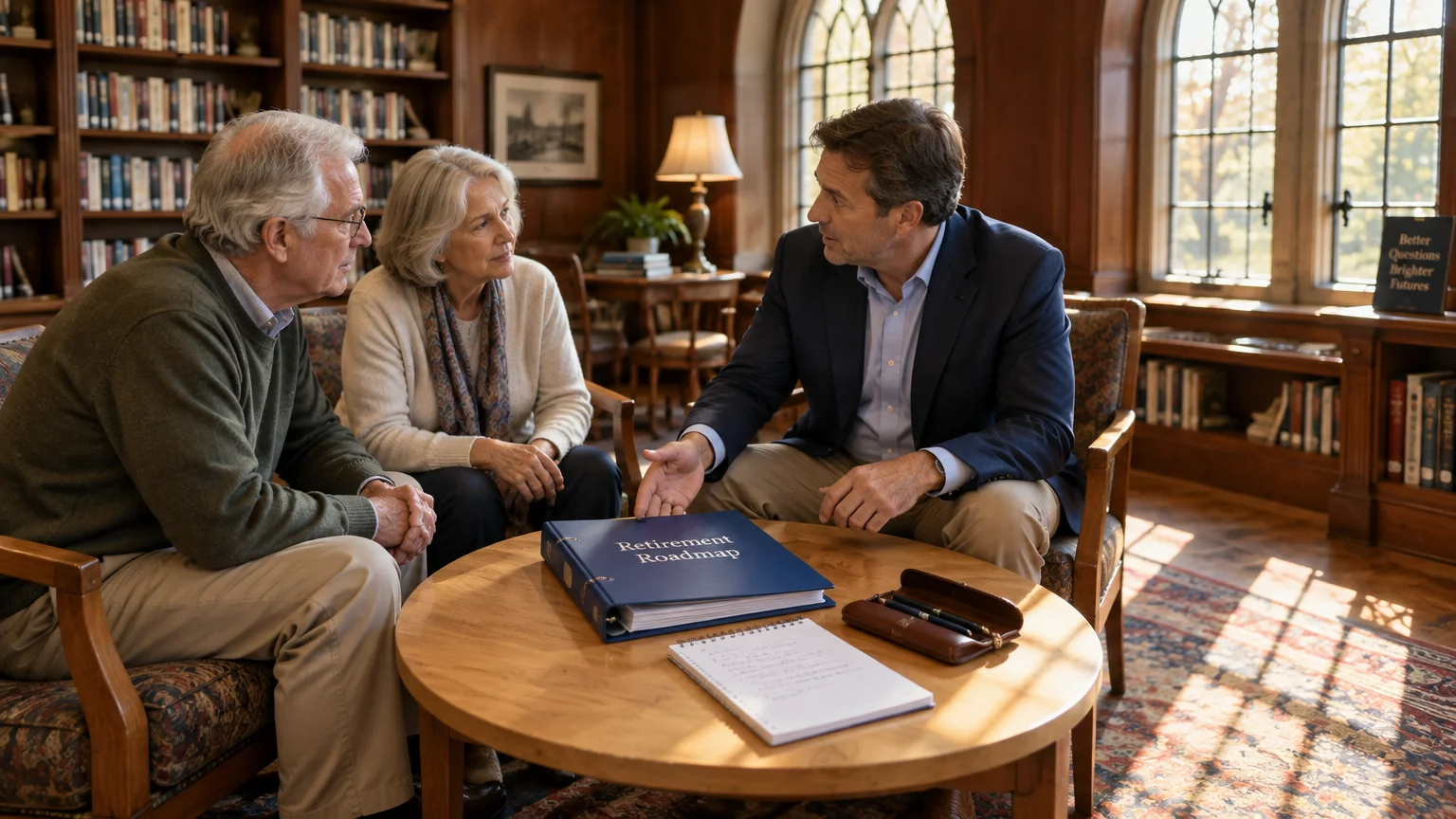 An advisor in a blazer gestures toward a blue Retirement Roadmap binder while speaking with a senior couple.