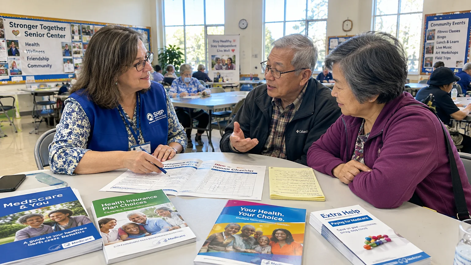 A counselor in a blue SHIP vest assists an older Asian couple with Medicare paperwork at a senior center table.