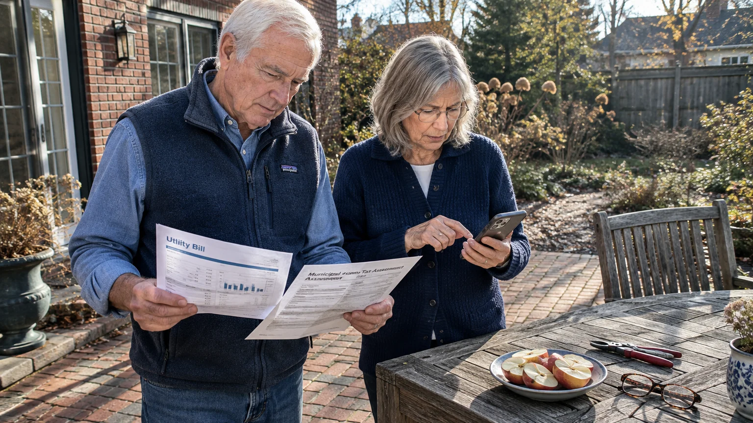 An older couple reviews printed bills and a smartphone outdoors at a wooden patio table.