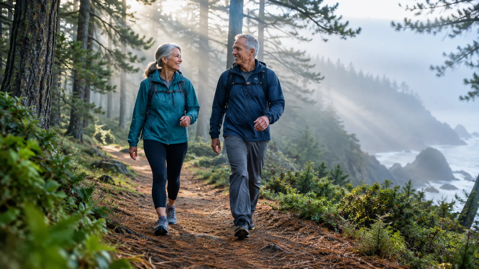 Mature man and woman hiking together along a dirt trail on a misty, sunlit forested coastal ridge.