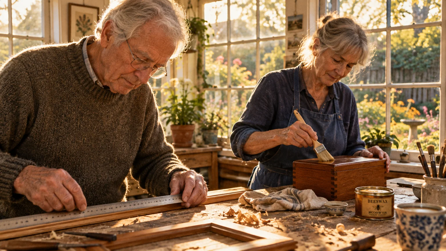 Senior couple doing woodworking and varnishing a wooden box in a sunlit workshop with large windows.