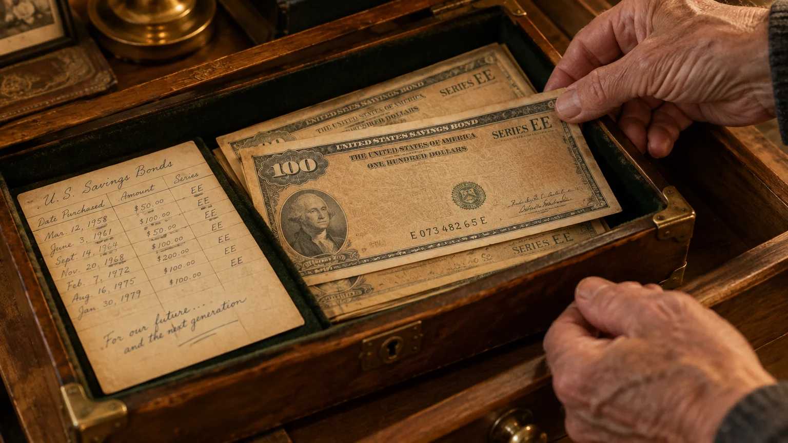 Hands holding a vintage one hundred dollar Series EE savings bond inside an open wooden keepsake box with a ledger.