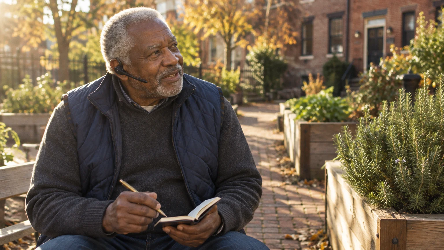 Older Black man wearing a headset writing in a small notebook while sitting outside near garden planter boxes.