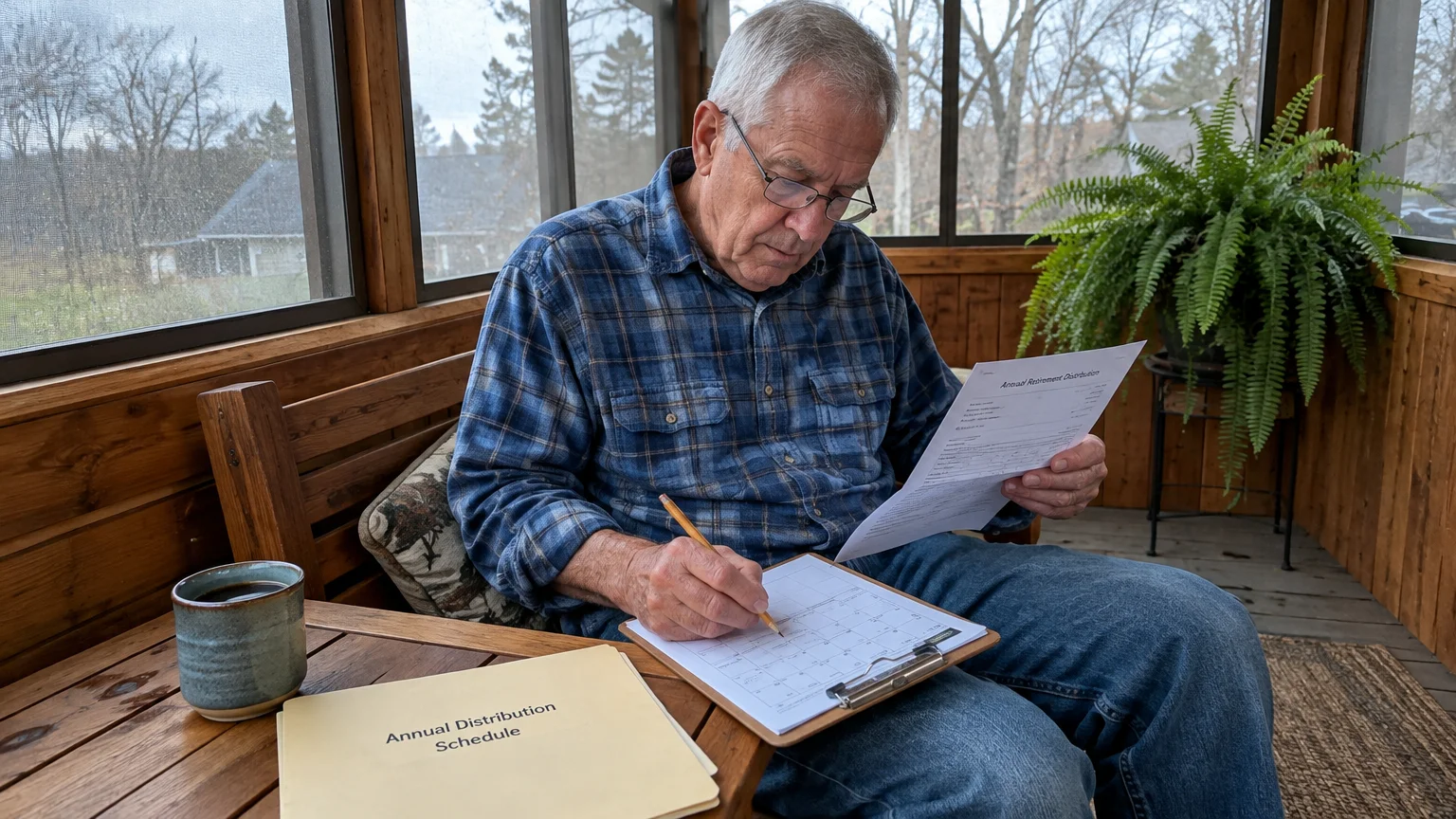 Senior man in glasses reviewing paperwork and writing on a calendar clipboard in a sunroom with an Annual Distribution Schedule folder.