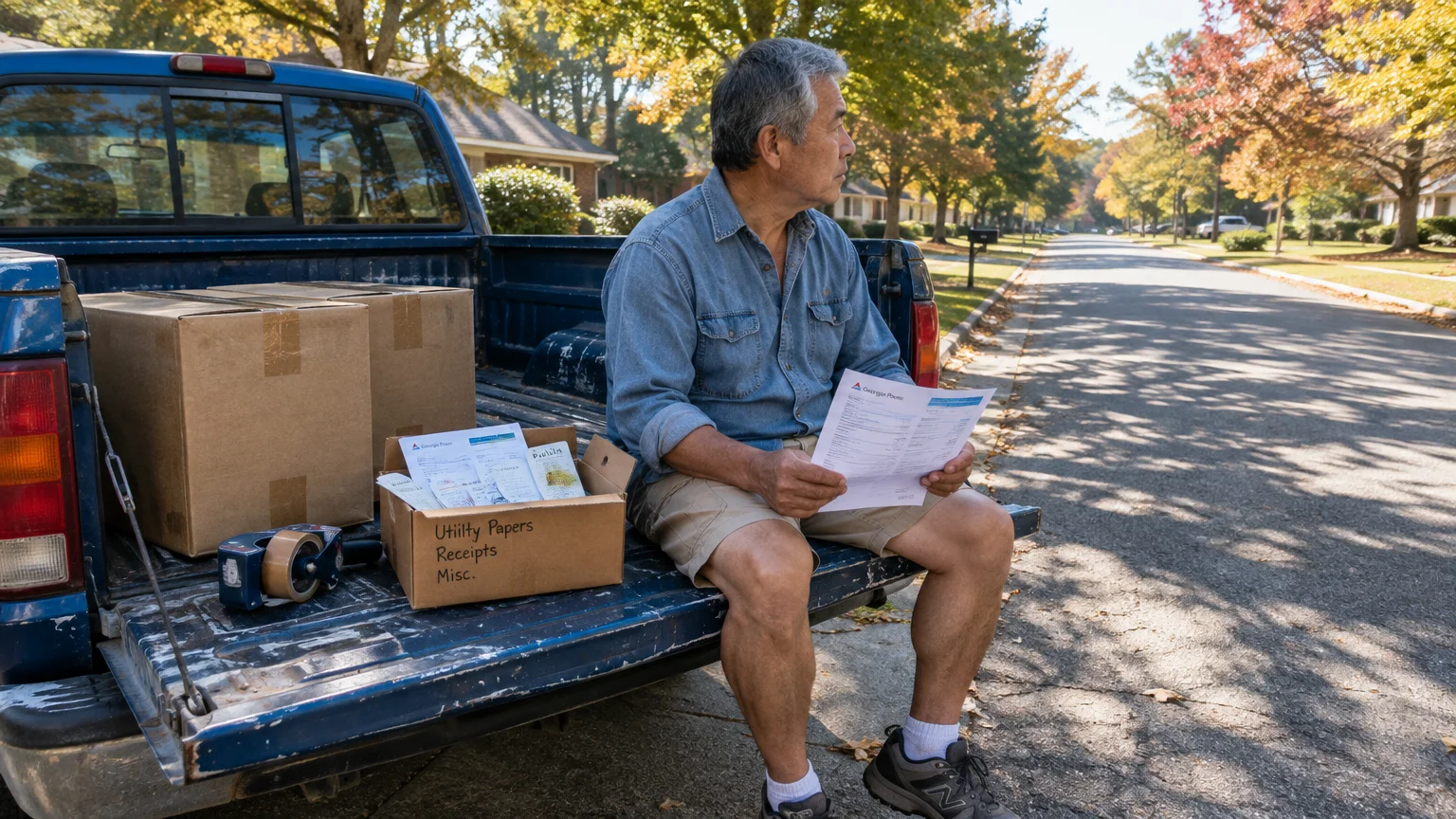 A man sits on a pickup truck tailgate on a suburban street holding utility papers next to packed cardboard boxes.