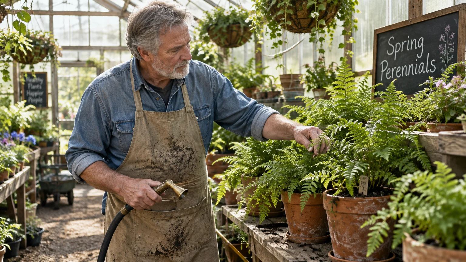 An older man wearing an apron waters potted ferns with a hose inside a sunlit greenhouse.