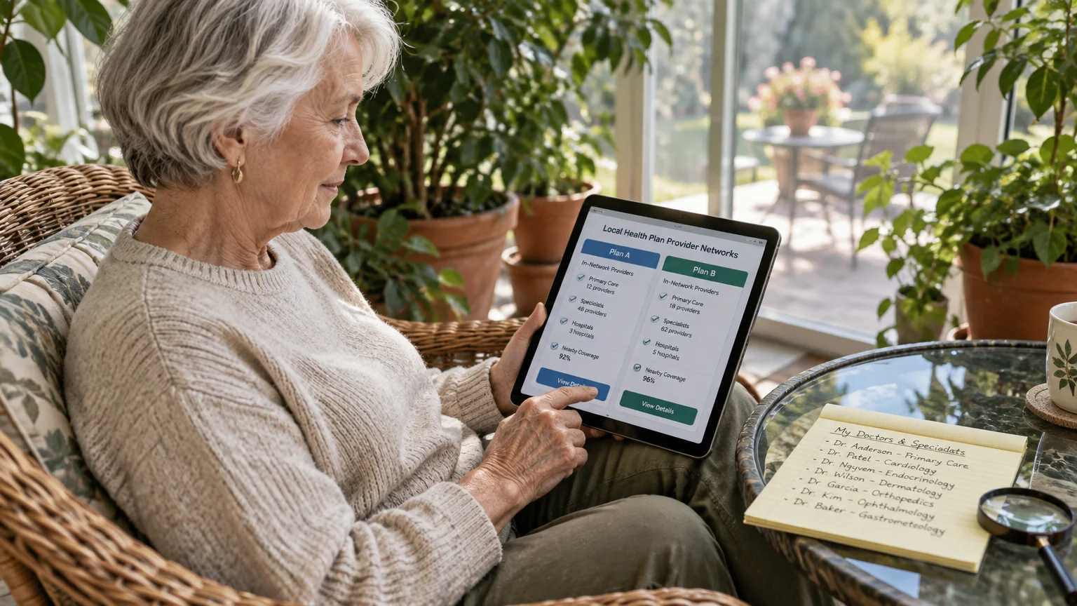 Senior woman in a sunroom holding a tablet comparing local health plan provider networks beside a handwritten doctor list.