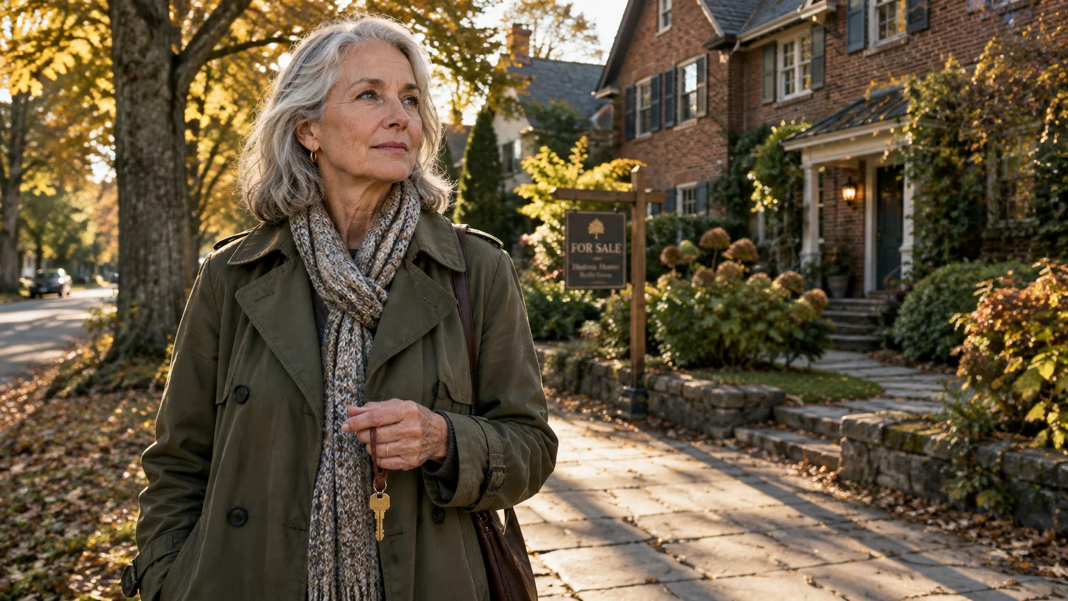 Senior woman holding a house key stands on a sidewalk in front of a brick house with a for-sale sign.