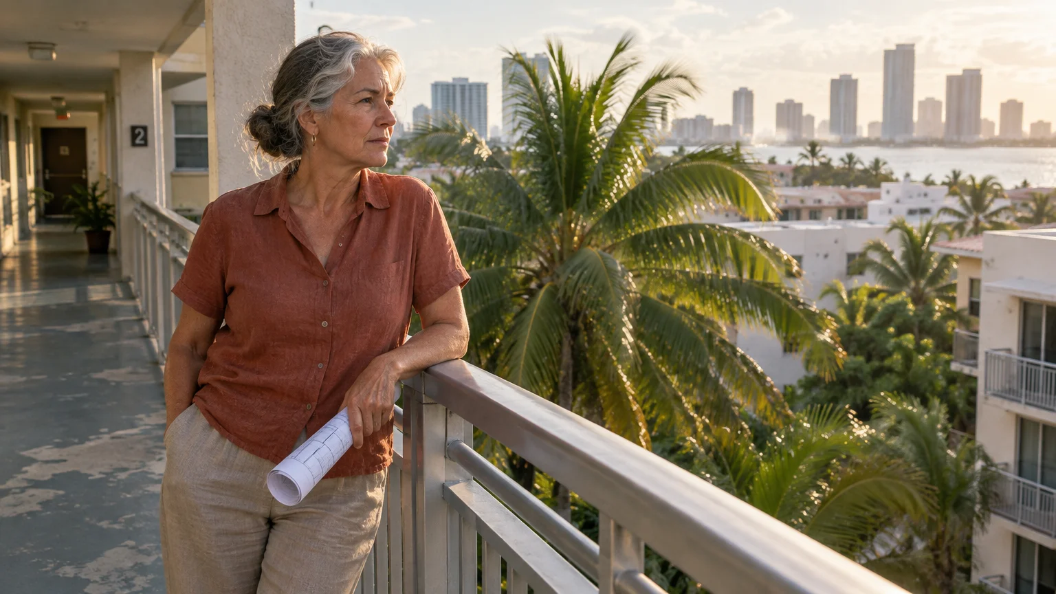 A senior woman stands on a high-rise apartment walkway overlooking palm trees and a coastal city skyline.