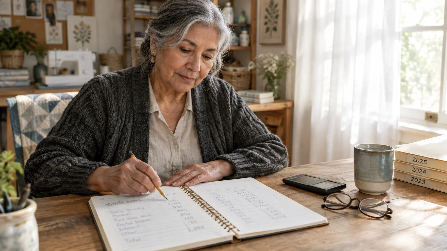 Senior woman writing in a lined monthly income ledger at a wooden table with a calculator, eyeglasses, and mug nearby.