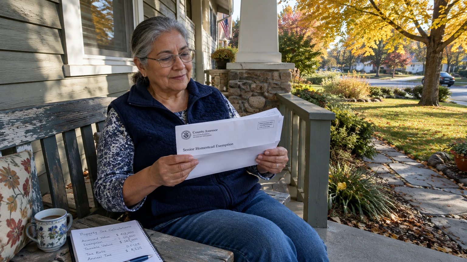 A smiling older woman sits on a porch bench reading a county assessor letter titled Senior Homestead Exemption.
