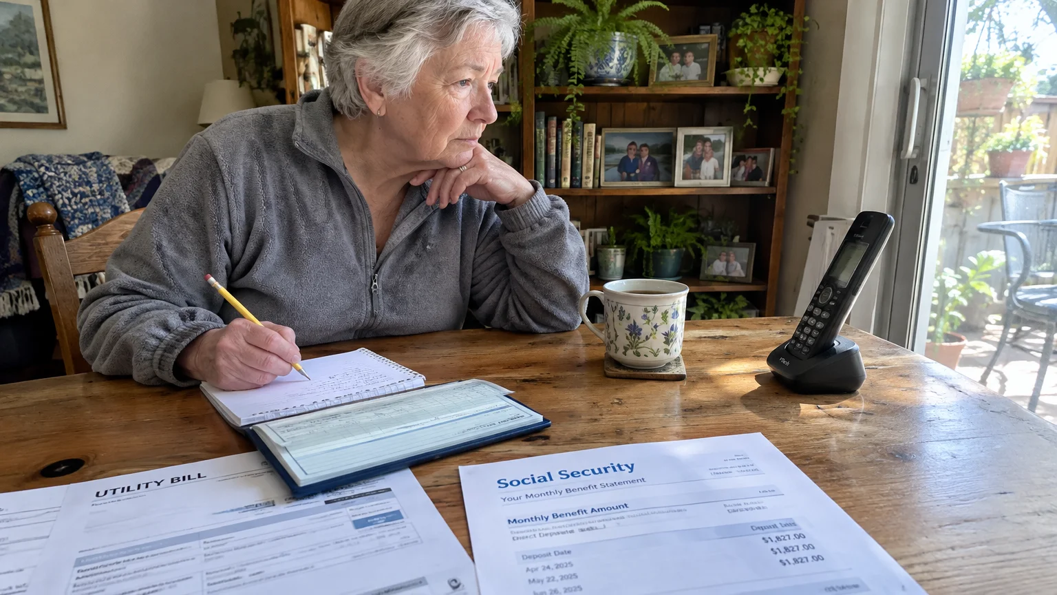 Older woman sits at a wooden table with bills, a checkbook, and a pencil, staring anxiously at a cordless telephone.