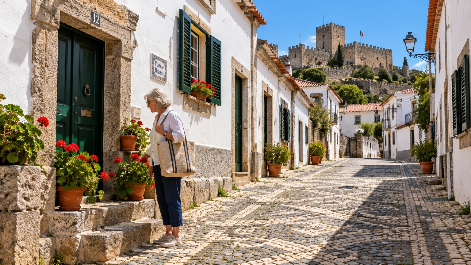 A woman walks along a cobblestone street lined with whitewashed houses leading toward a stone hilltop castle under blue skies.