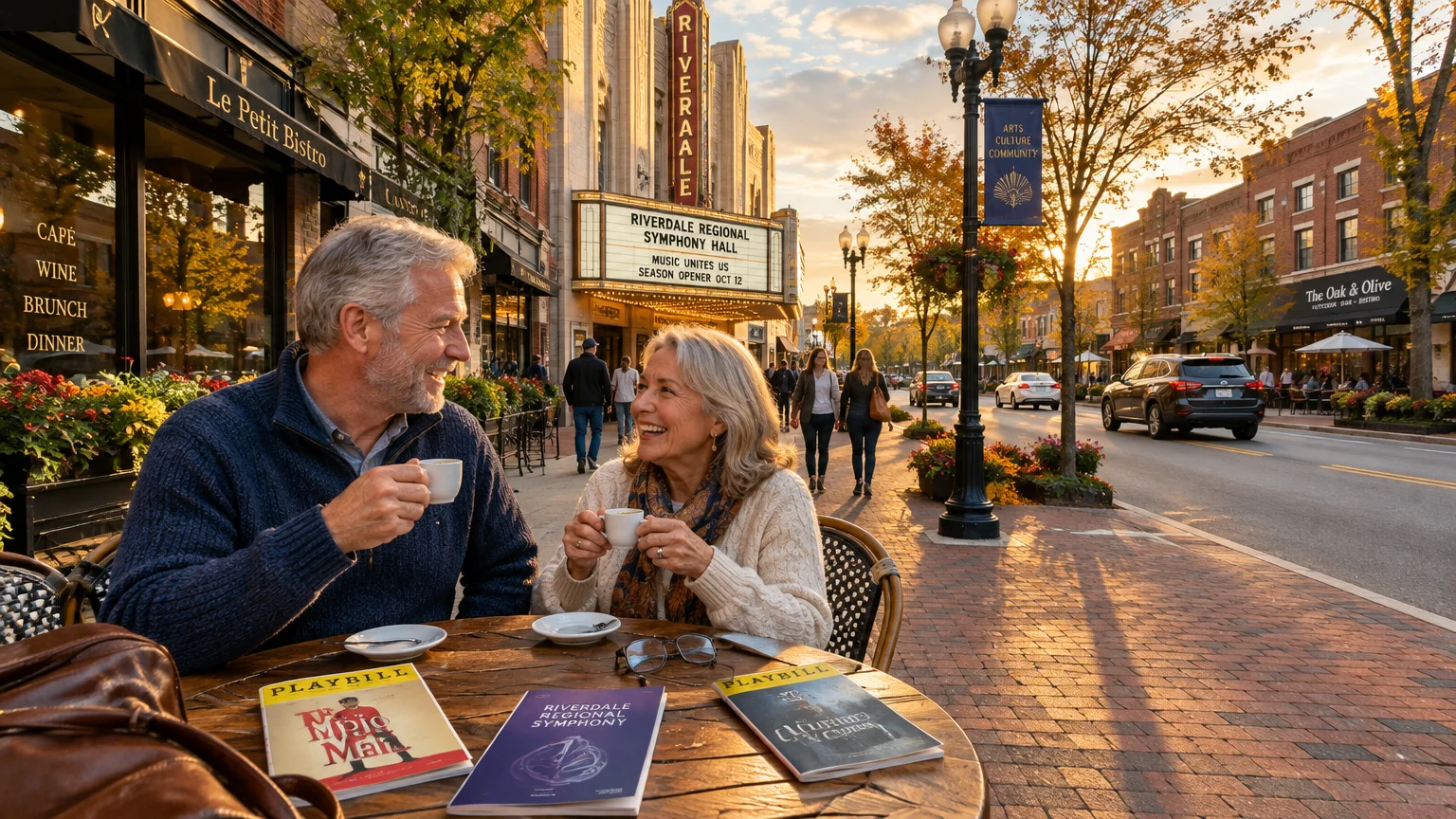 Older couple drinking coffee at a sidewalk cafe table outside a theater in a walkable downtown district.