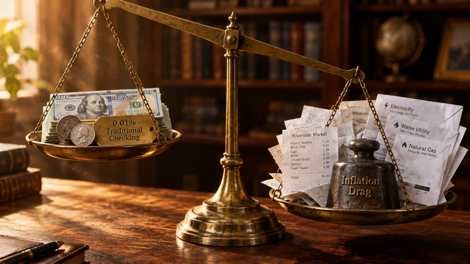 Brass balance scale with money on one pan outweighed by utility bills, grocery receipts, and an Inflation Drag weight.