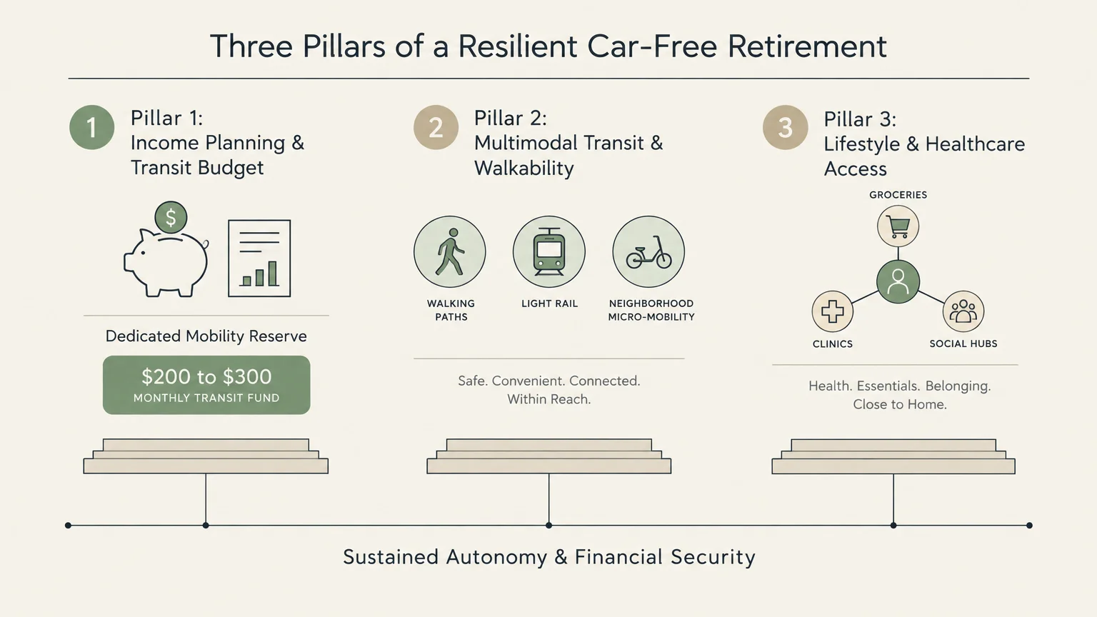 Diagram detailing three pillars of car-free retirement: transit budgeting, multimodal transit, and lifestyle access.