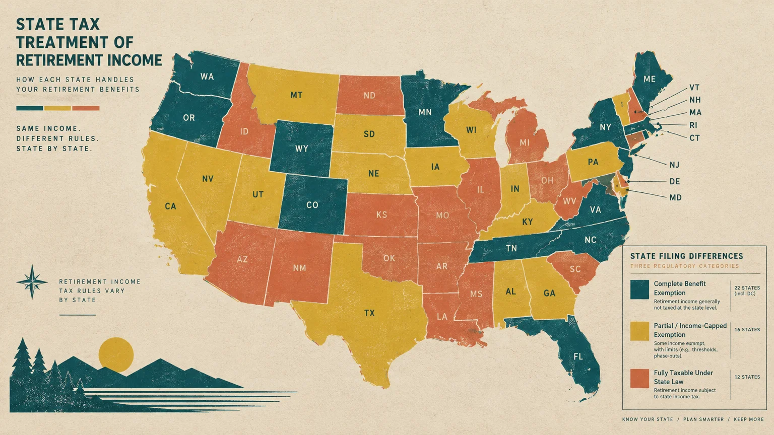 Color-coded map of the United States displaying state tax treatment of retirement income across three regulatory categories.