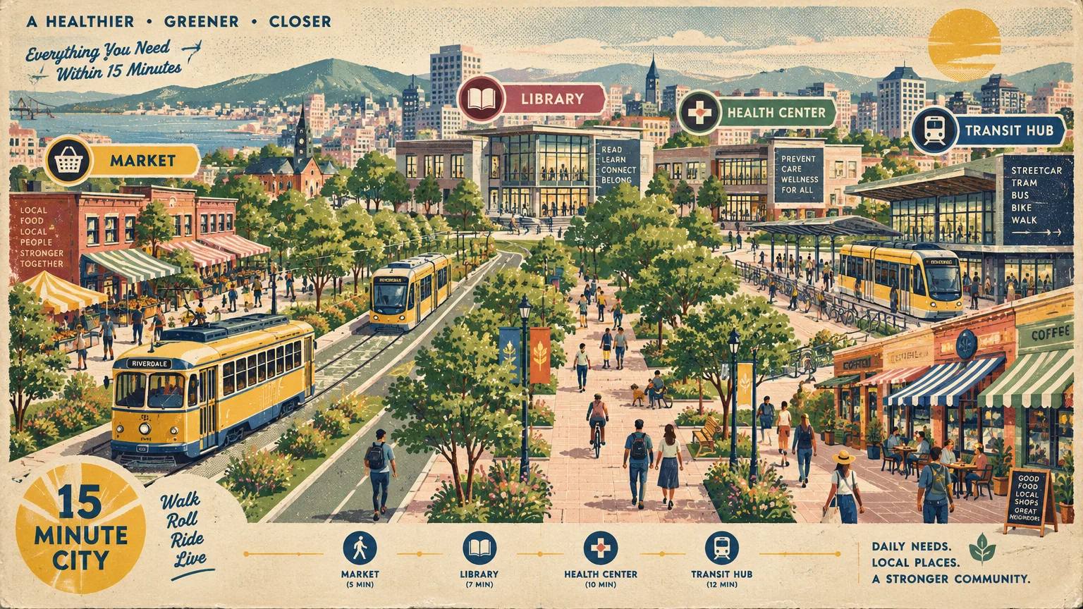 Screenprint illustration of a 15-minute city layout featuring yellow streetcars, pedestrian paths, shops, and a transit hub.