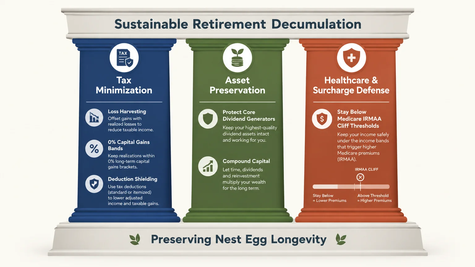 Diagram of three architectural pillars labeled Tax Minimization, Asset Preservation, and Healthcare and Surcharge Defense.