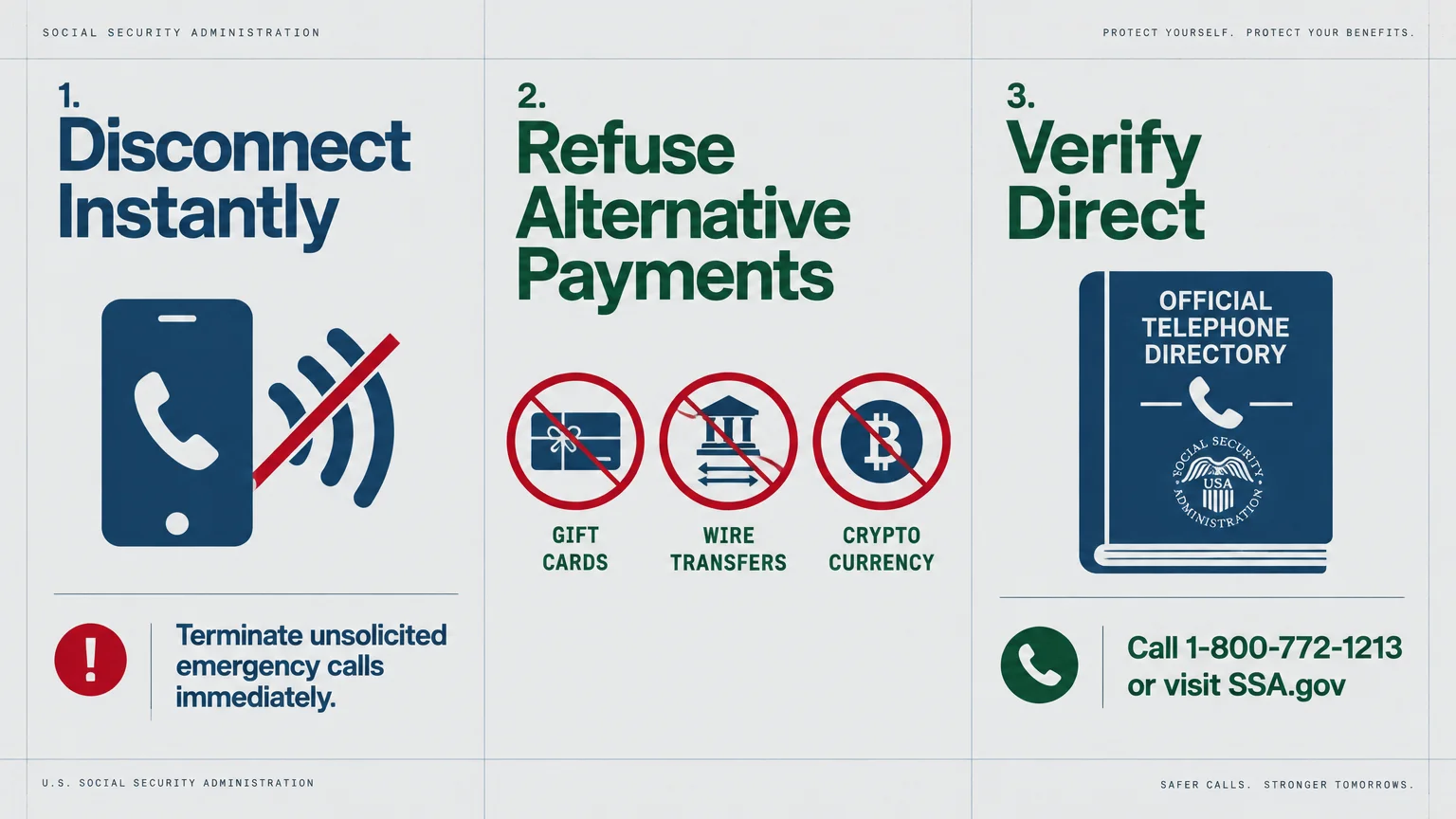 Three-step infographic advising to disconnect calls, refuse alternative payments, and verify directly via 1-800-772-1213.